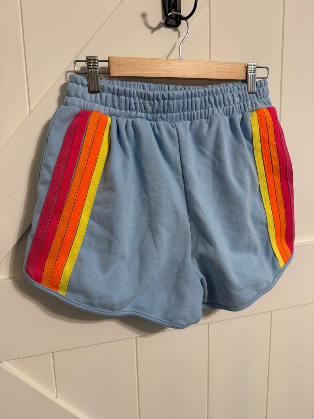 Light Blue Women's Athletic Shorts with Rainbow Side Stripes Medium No Brand